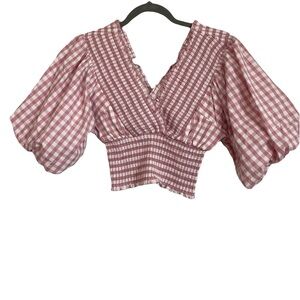 Abercrombie & Fitch Pink and White Gingham Puff Sleeve  Baby Doll Prairie Top XS